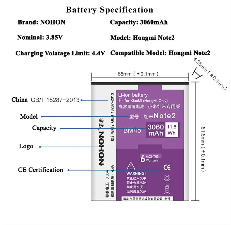 NOHON Battery BM45 For Xiaomi Hongmi Note2 Details(01)