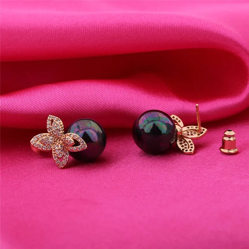 GULICX Модные женские серьги с черным жемчугом, золотые серьги-гвоздики, белый кристалл, лист, кубический цирконий, свадебное украшение E515