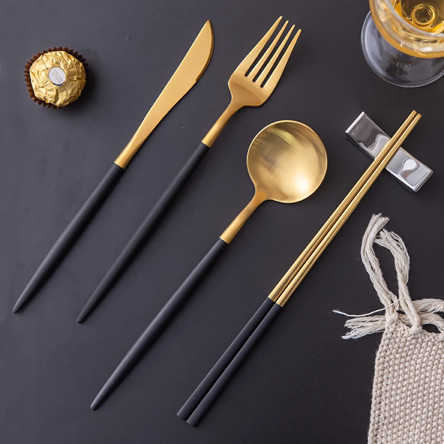Столовая ложка Flatware нержавеющая сталь Розовое золото кухонная вилка ложка нож набор черных столовых приборов Cuilleres a кафе дома WZN036
