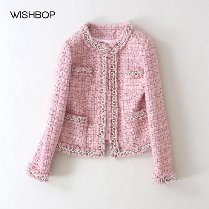 

Round Neck Long Sleeved Casual Ladies Pink Tweed Jacket With Pearls Beaded Trim & Multi-pockets - Pink Tweed Casual Outerwear