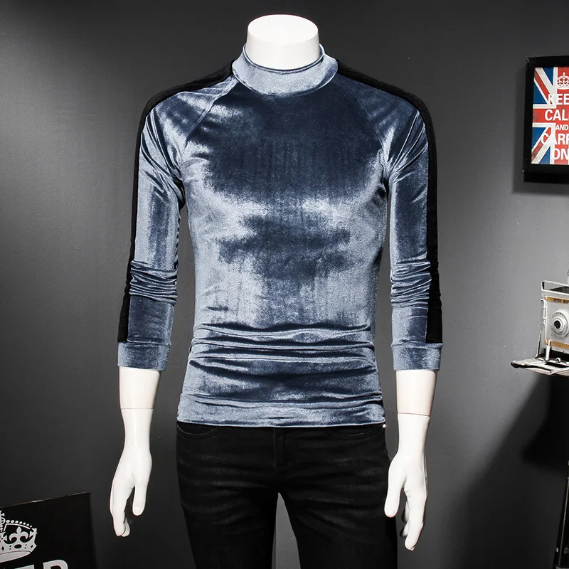 Водолазка бархатная футболка мужская зимняя полосатая рубашка с длинными рукавами для мужчин роскошный элегантный зауженный крой, для вечеринки Мужская футболка 5xl - Цвет: Blue