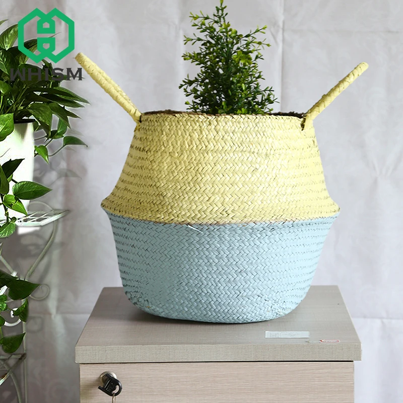 WHISM Foldable Flowerpot Seagrass Rattan Flower Pot Decorative Colorful Planter Pot Storage Basket for Home Balcony Garden Decor