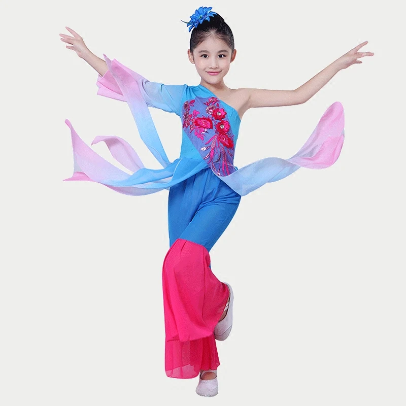 Детские Классические танцевальные костюмы для девочек элегантные Китайский народный стиль детские веер танцы одежда для выступлений
