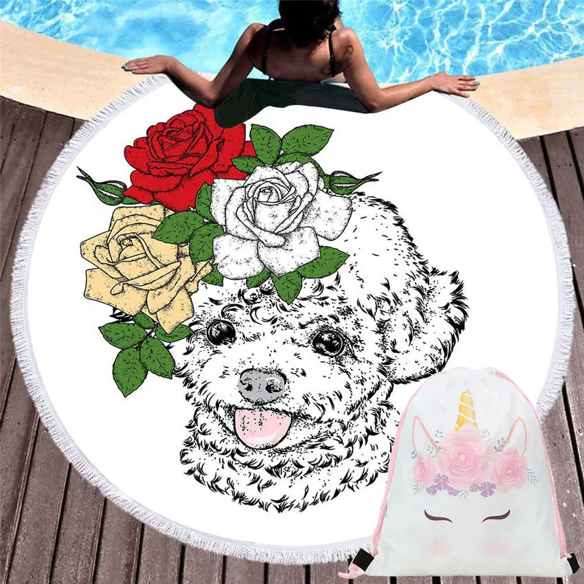 

Cartoon Animals Dogs Cats Round Beach Towels Yoga Mat Seaside Summer Shawl Blanket Bath Sport Towel With Drawstring Backpack Bag