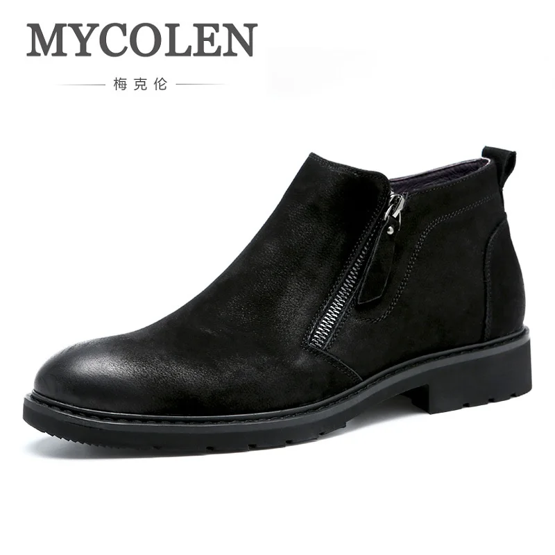 MYCOLEN/Лидер продаж; кожаные мужские зимние ботильоны; ботинки для отдыха; Осенняя обувь; Мужская зимняя модная обувь с круглым носком на плюшевом меху - Цвет: black