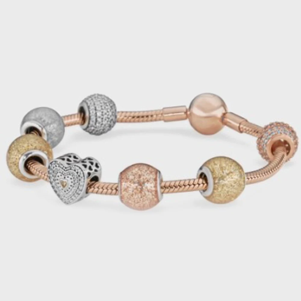 

EDELL 100% 925 Silver Bangle Set Women's Elegant Glitter Ball Heart Zircon Rose Gold Jewelry Bracelet