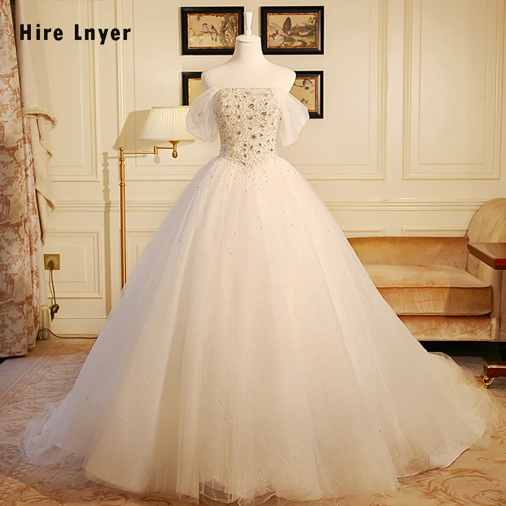 

HIRE LNYER Custom Made Strapless Short Sleeve Lace Up Sparkly Beaded Crystal Sequin Ball Gown Wedding Dress China Bruidsjurken