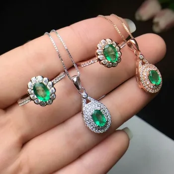 

SHILOVEM 925 sterling silver Natural Emerald rings pendants send necklace fine Jewelry wedding women new wholesale ctz040602agml