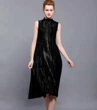 Changpleat Summer Dress Metallic Luster Design Miyake Pleated Stand collar Sleeveless Dresses For Women Black Big Swing Dress