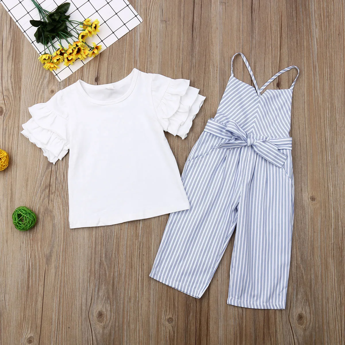 Pudcoco Toddler Baby Girl Clothes Cotton Ruffle T-Shirt Tops Striped Overalls Pants 2Pcs Outfits Summer Clothes