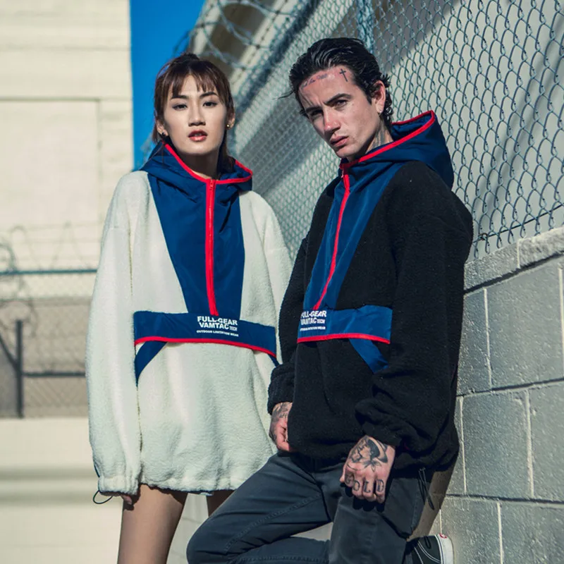 

Autumn and winter chic brand street fashion panelled color matching lambskin loose thickening hooded sweatshirt coat male