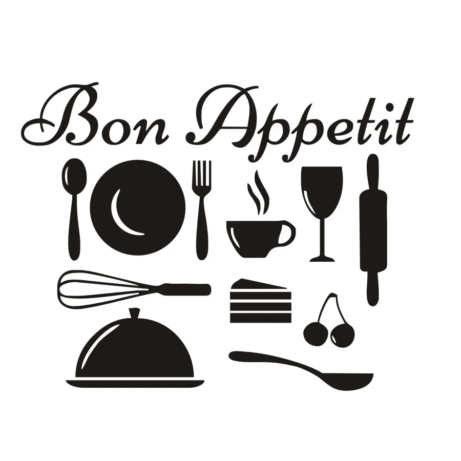 Bon Appetit French Vinyl Wall Decal,Kitchenware Art, Kitchen Wall Sticker Art, Removable Diy Wall Cling Murals Home Decor