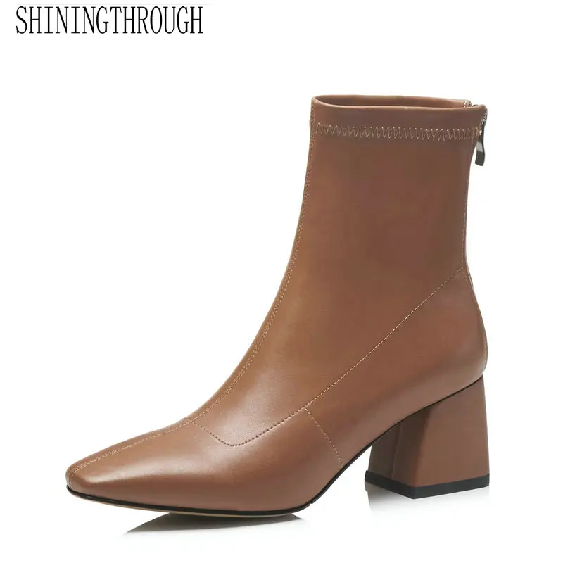 

Genuine Leather Ankle Square Toe Women Booots Fashion Sexy Square Hgih Heel Women Shoes Spring Autumn Party Ladies Shoes