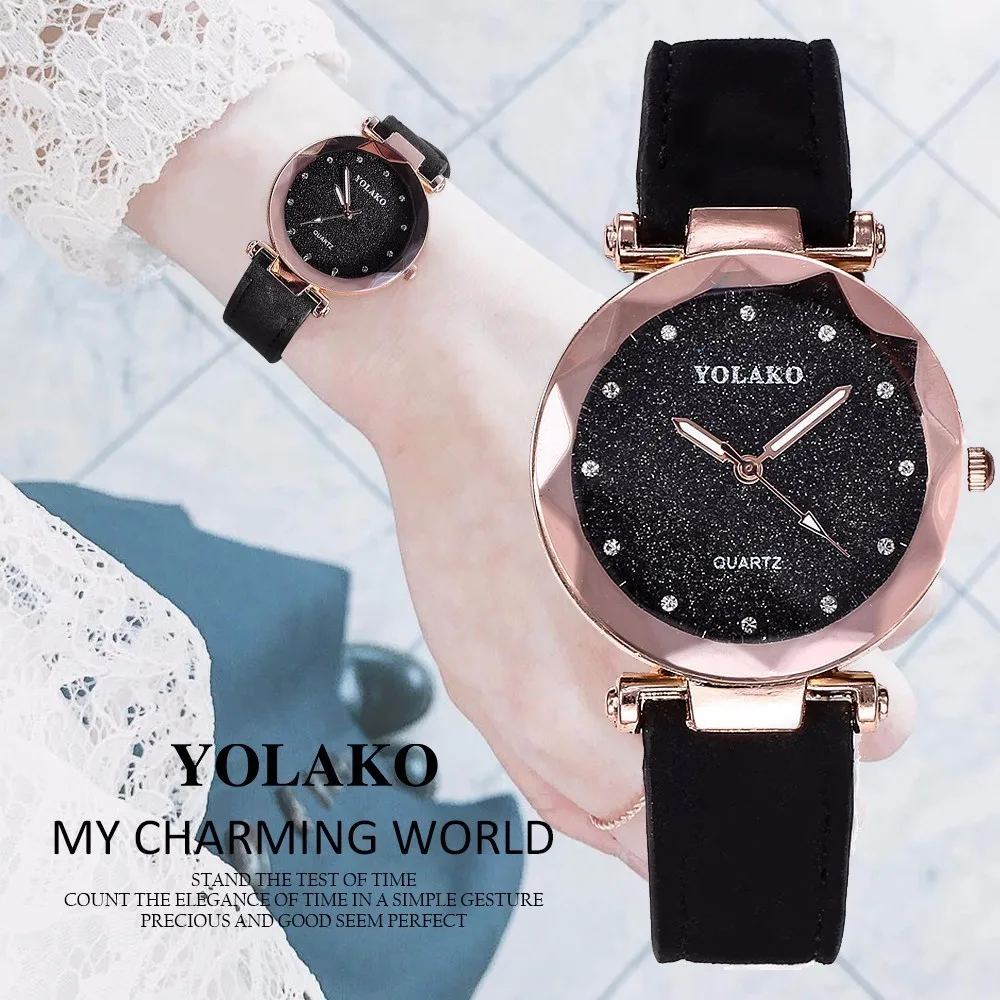 

Fashion Women Leather Wrist Watch Ladies Rhinestone Starry Sky Quartz Watch Clock YOLAKO Brand Relogio Feminino