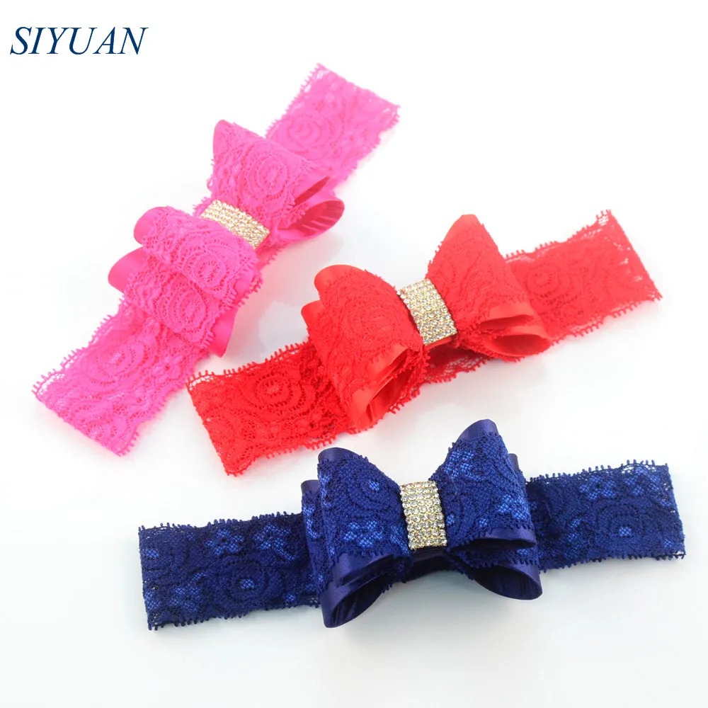 

24pcs/lot Lace Headband Lace Covered Satin PVC Bow Rhinestone Centered Bowknot Headband Fashion Baptism Headwear Photo FD224