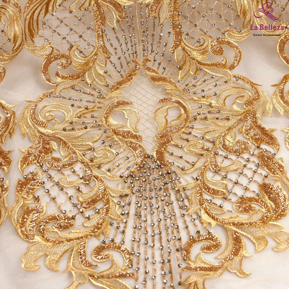 La Belleza 1 ярд Золотой тяжелый ручной работы бисером свадебный кружевной ткани вышитое Стразами Вечернее платье кружевной ткани