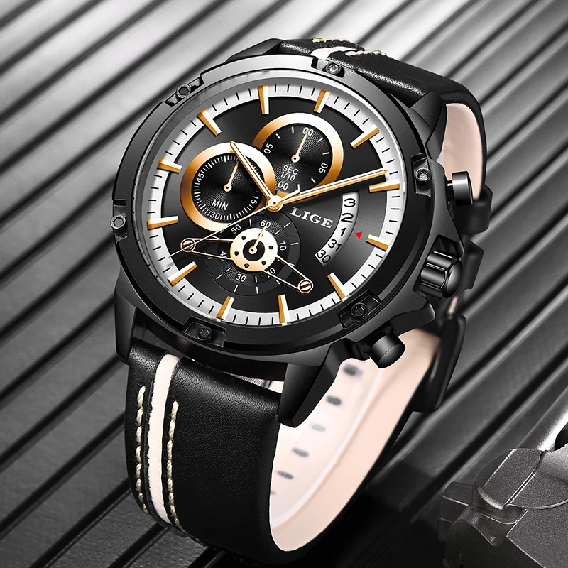 2019 Erkek Kol Saati LIGE New Mens Watches Top Brand Luxury Fashion Quartz Clock Men Casual Leather Black Sport Waterproof Watch
