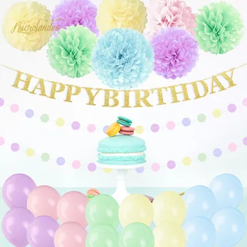 

NICROLANDEE Macaron Pink Green Blue Paper Flower Balloons Happy Birthday Party Decoration DIY Event 2019 New Arrival