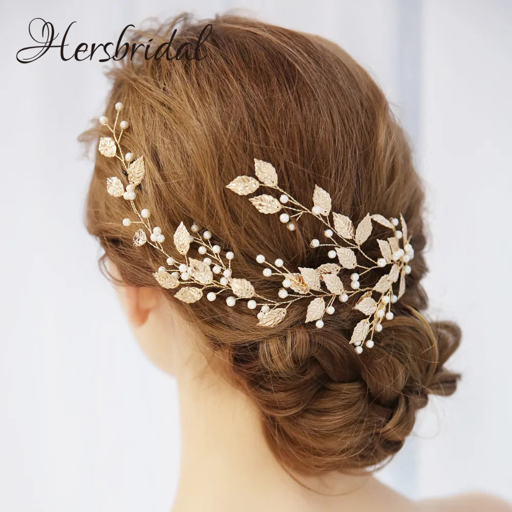 Antique Gold Leaf Bridal Headpiece Handmade Wedding Wreath Pearls Hair Adornments For Brides 2018  (13)