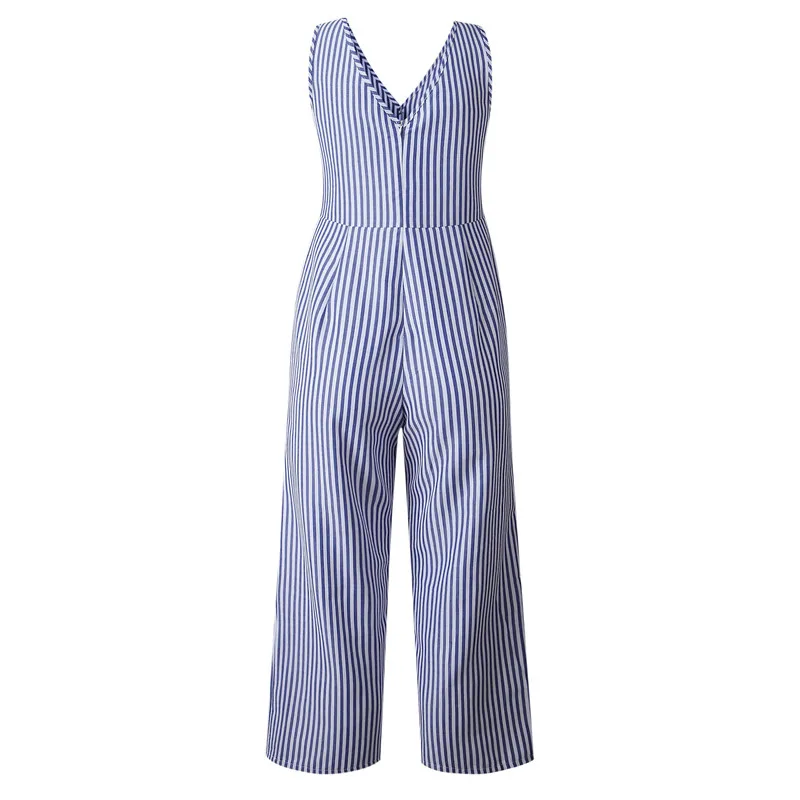 yashangyi Combinaison Femme Casual Stripe Women's Jumpsuits and Romper Sexy V-Neck Summer Button Pocket Overalls Wide Leg Pants 