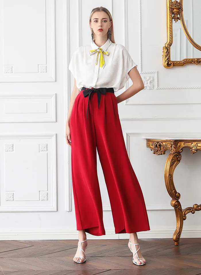 VOA красный 100% тяжелый шелк Palazzo Брюки с высокой талией офисные женские широкие брюки Роскошные свободные spodnie damskie женские брюки K671