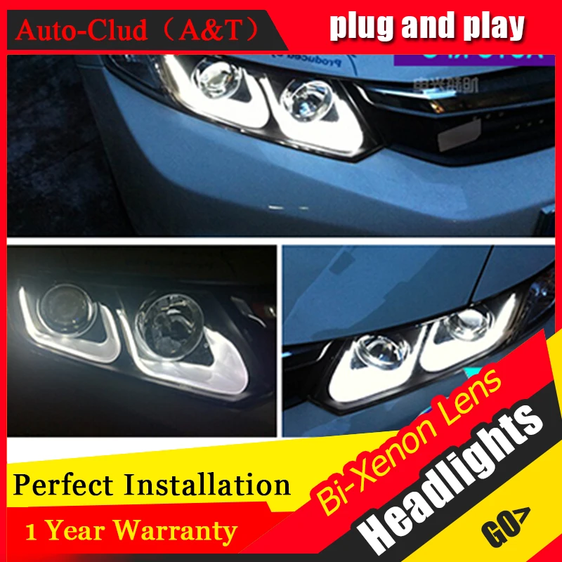 Авто Clud двойной U-Angel Eyes светодиодный DRL для Honda civic светильник s 2011-2014 bi xenon объектив