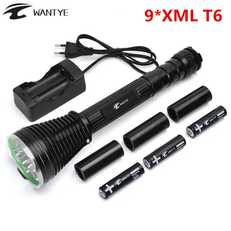 

Powerful LED Flashlight 18000 Lumen 9* XML T6 Self defense 5 Modes Tactical LED Flash light Torch +3x18650 Battery+Charger