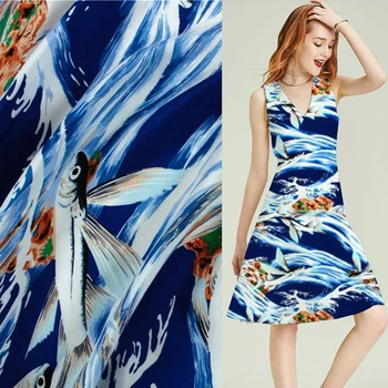 

Ocean and fish design patten pure silk Crepe DE chine fabric 138cm width,SCDC895