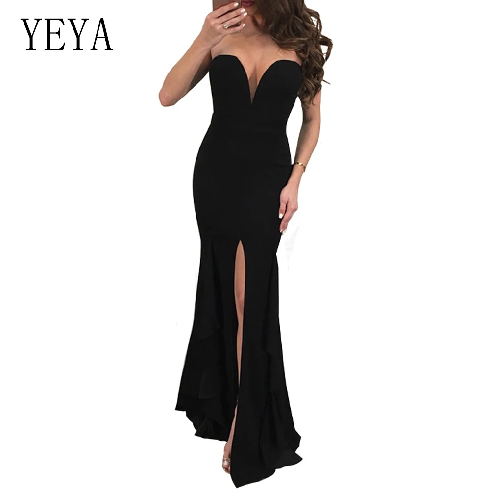 

YEYA Women Sexy Long Dress 2019 Strapless Split Bodycon Mermaid Dress Celebrity Evening Party Maxi Dresses Elegant Gown Vestidos