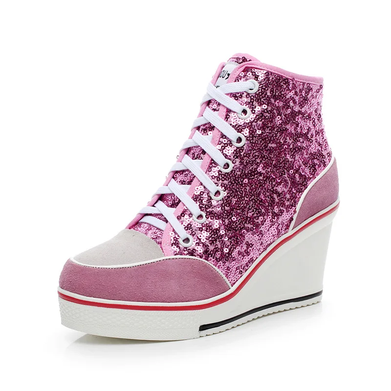 Women Wedges Shoes Sweet Pink Sequined Women Casual Shoes Sport Fashion Walking Shoes Swing Wedges Shoes Woman Heels Size 35-43