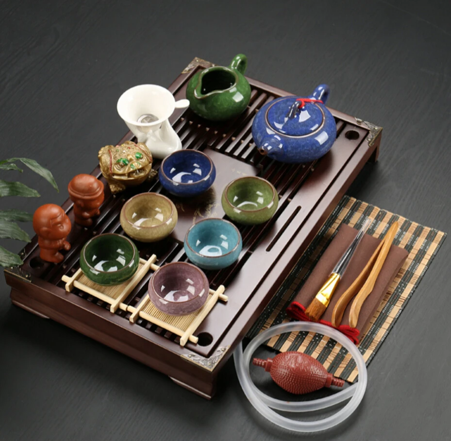 Ceramic Purple Clay Tea Set Kung Fu Pot Infuser Solid Wood Tea Tray
