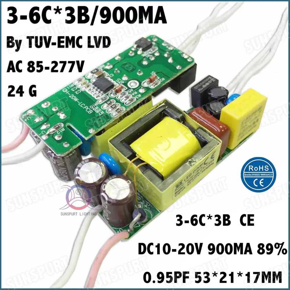 5 шт. tuv-ce pf> 0.9 20 Вт AC85-277V Светодиодный драйвер 3-6cx3b 900ma dc10-20v постоянный ток светодиодный мощность для потолочный светильник Бесплатная