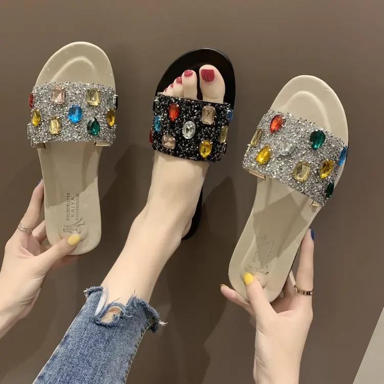 

EABXZ faux fur slides NET Red Slippers Lady 2019 new flat bottom slippers outside through port Wind hundred beach flip flops