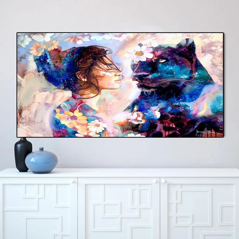 

MUTU High Quality Wall Art Canvas Animal Painting For Home Decor Wolf and Girl For Living Room No Frame Wall Picture No Framed