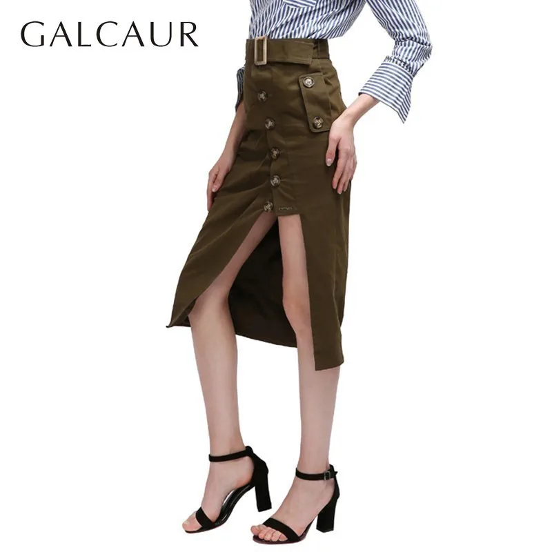 GALCAUR женские юбки с высокой талией и поясом, с разрезом сбоку, на пуговицах, миди юбки для женщин, уличная мода, летняя одежда