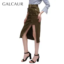 GALCAUR женские юбки с высокой талией и поясом, с разрезом сбоку, на пуговицах, миди юбки для женщин, уличная мода, летняя одежда