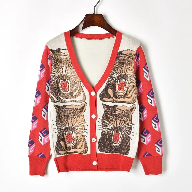 2020 Spring Contrast Color Tiger Head Knitted Cardigan Single Breasted Geometric Long Sleeve V-neck Sweaters Women Jumper Ladies |