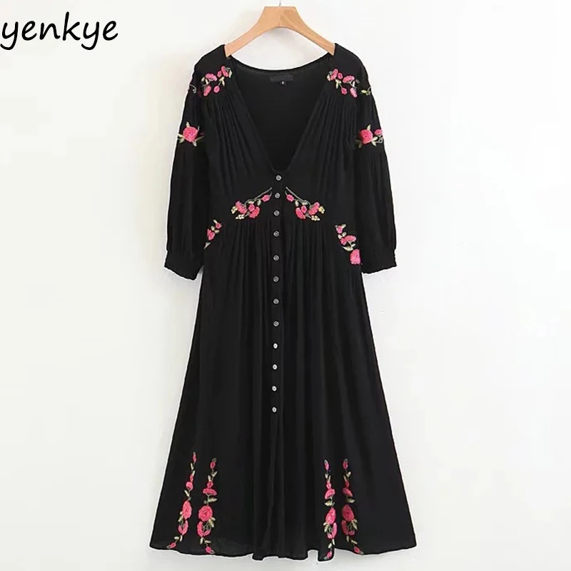 

Summer Dress Women Vintage Black Sweet Floral Embroidery Dress Sexy V Neck High Waist Pleated Casual Dress Midi vestidos