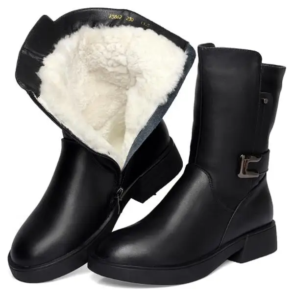 GKTINOO/Нескользящие ботинки на плоской подошве; женская обувь; зимние ботинки; Новинка года; модные зимние женские ботинки; шерстяные теплые ботинки из воловьей кожи - Цвет: black with wool