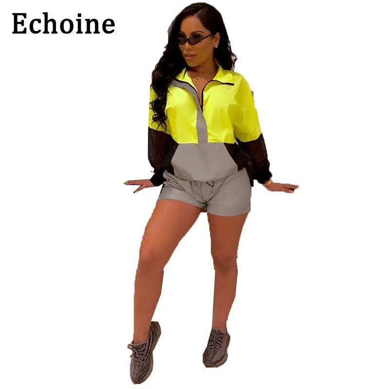 

Echoine 2 Piece Set Reflective Tracksuit Long Sleeve Crop Top And Short Pants Turn Down Collar Color Patchwork With Zipper Suit