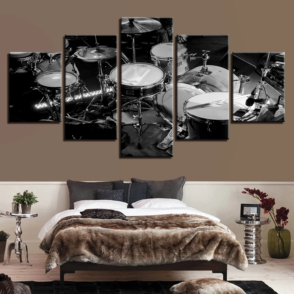 Canvas Wall Art Modular Pictures HD Prints 5 Pieces Music Instrument Paintings Black White Drums Posters Living Room Home Decor