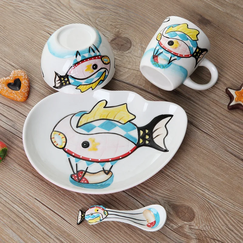 4pcs / set animal Transportation Baby plate bow cup Forks Spoon Dinnerware feeding Set, ceramic cartoon Baby children tableware 