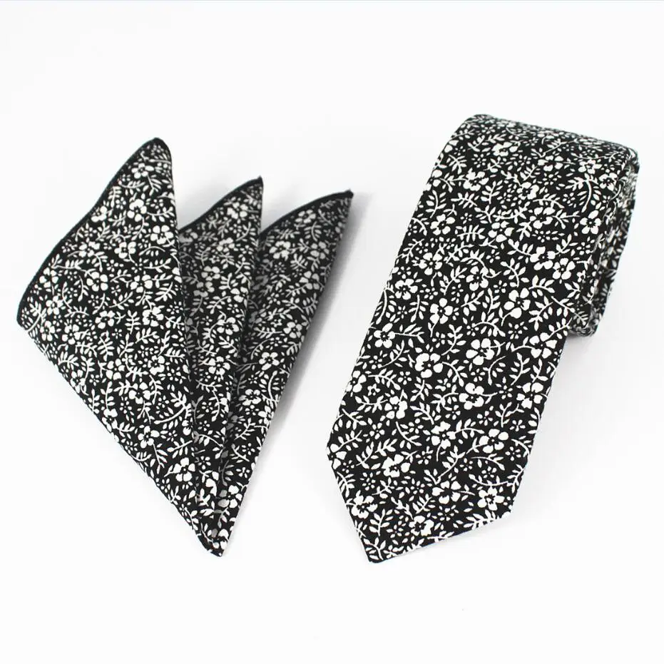 RBOCOTT 2 шт повседневные хлопковые галстуки и носовой платок набор цветочные тонкие галстуки для мужчин 6 см коричневый галстук серый Тощий печатный галстук - Цвет: 10
