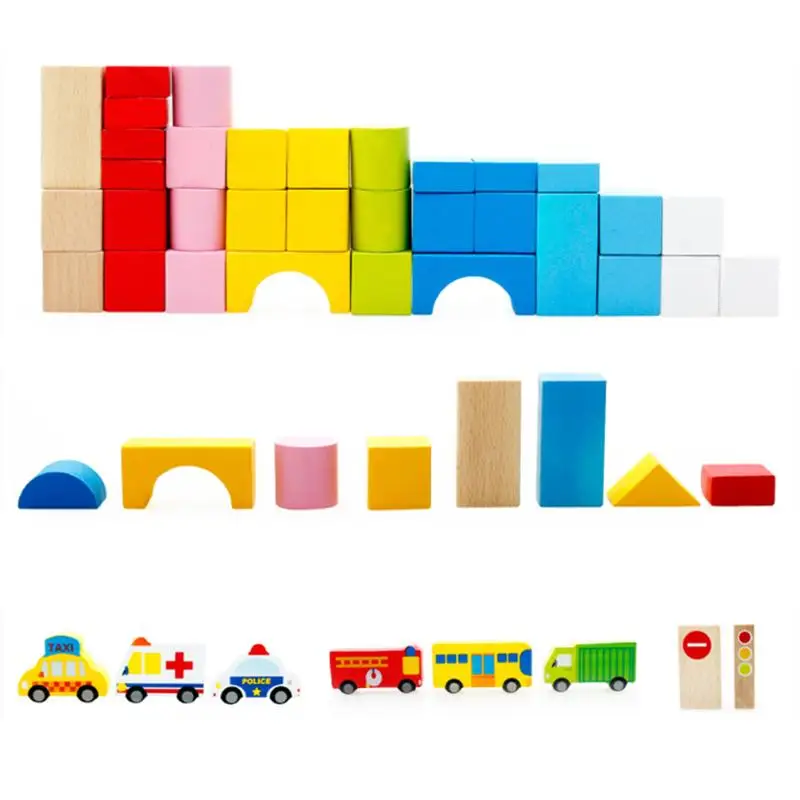 Baby Wooden Bricks Building Blocks Toys For Chrismas Gift 62pcs Cartoon Images City Traffic Scene Wooden Building Blocks Child baby-building-blocks