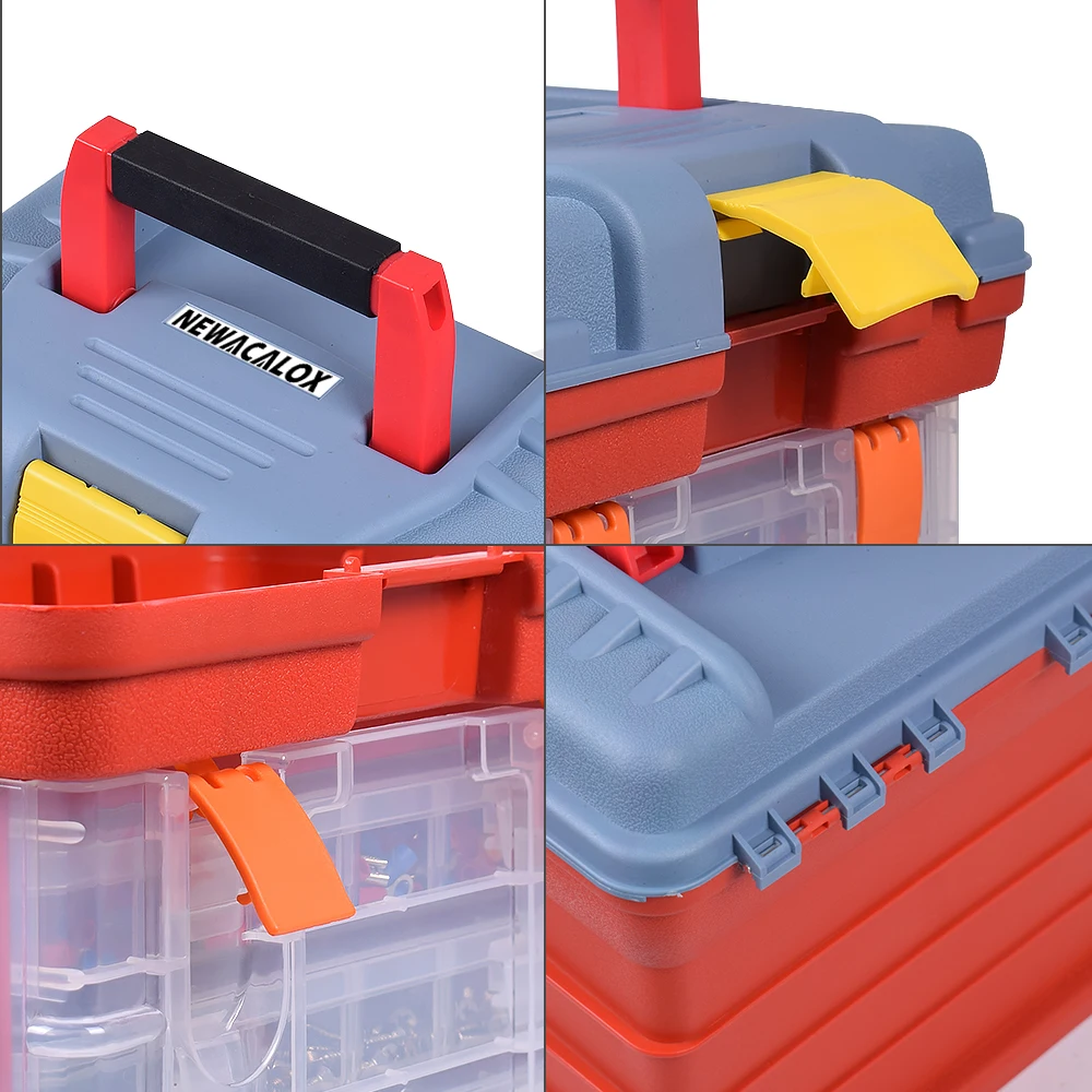 NEWACALOX Outdoor Tool Case 4 Layer Fishing Tackle Portable Toolbox  Screw Hardware Plastic Storage Box with Locking Handle