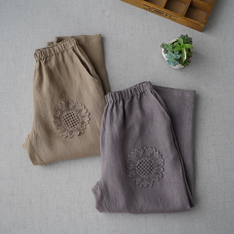 

Summer New Women All-match Loose Sunflower Patchwork Comfortable Thin Water Washed Linen Trousers Elastic Waist Pants 2 Colors
