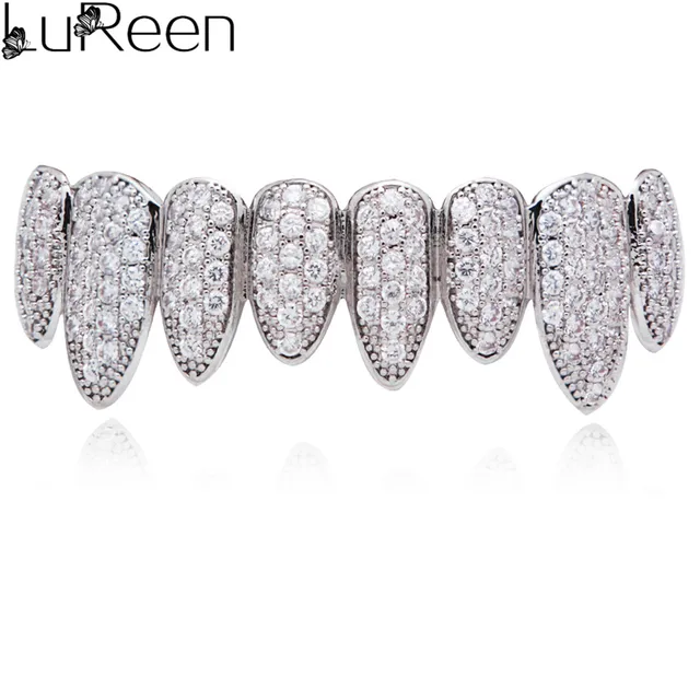 LuReen Iced Out Grillz Vampire Fangs Grillz Top Bottom Gold Teeth Hip Hop Tooth Caps CZ Crystal Bling Grillz Rapper Jewelry silver bottom