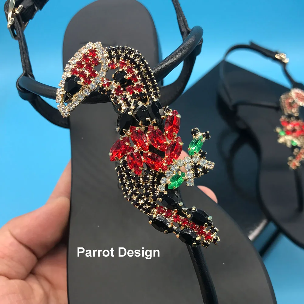 

Summer New Arrival Sandals Parrot Rhinestones Design Women Real Leather Strappy Flats Sandals G037