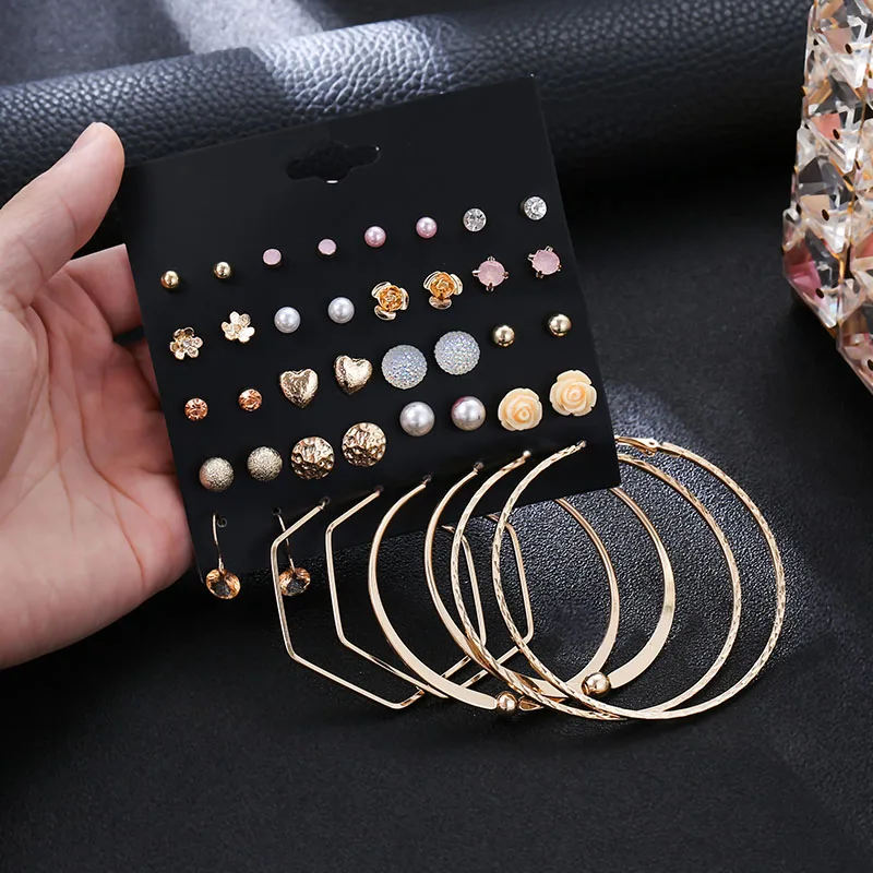 

new golden flower heart shape simulated pearl stud earrings set for women metal statement round cirlce loop hanging earrings