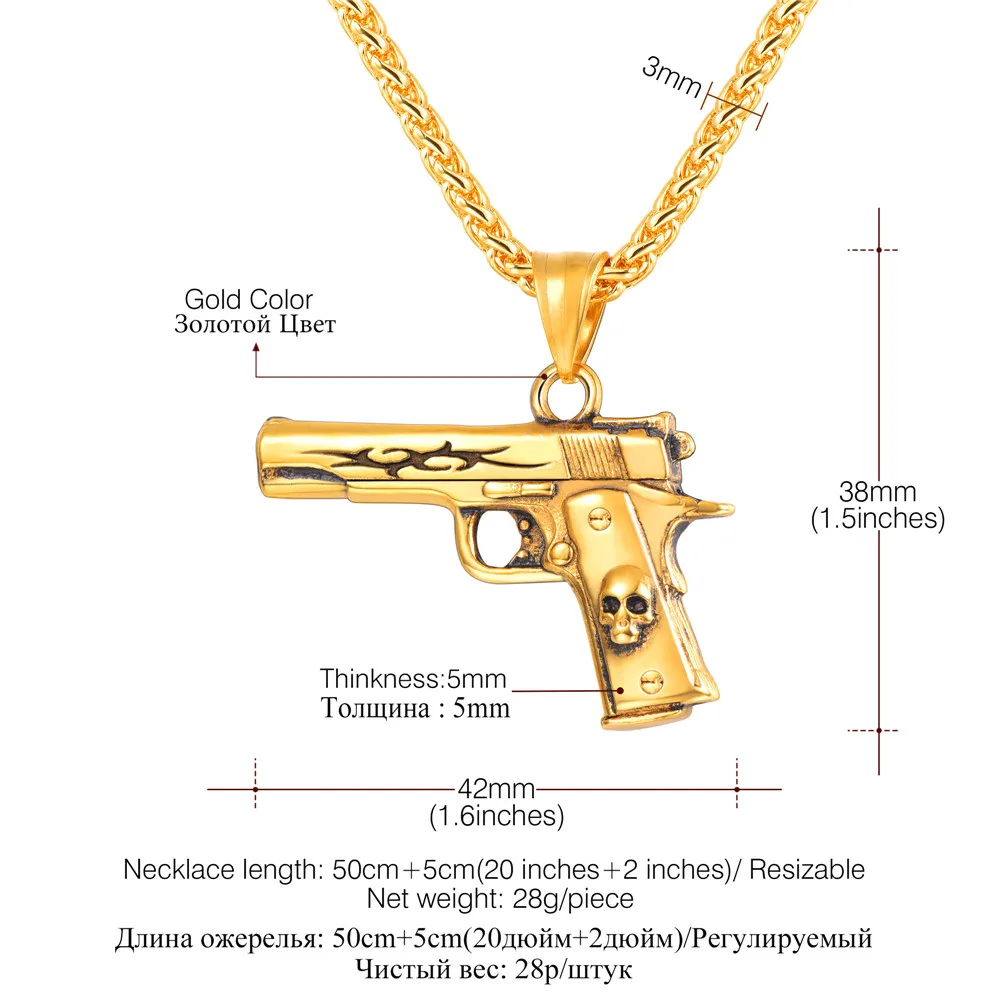 M9 ожерелье-подвеска в виде пистолета из нержавеющей стали/золота/черного оружия хип-хоп ювелирные изделия Череп пистолет ювелирные изделия подарок для мужчин GP3248